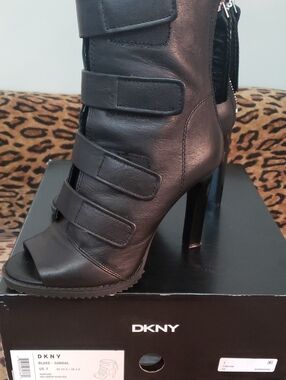 DKNY Black Leather Open-Toe Strap Heeled Bootie